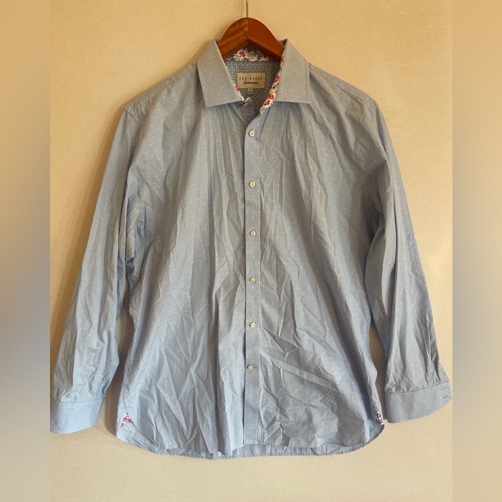 Ted Baker Endurance Blue Microstripe Dress Shirt – Floral Trim – Size 17 (34/35) - Picture 2 of 10